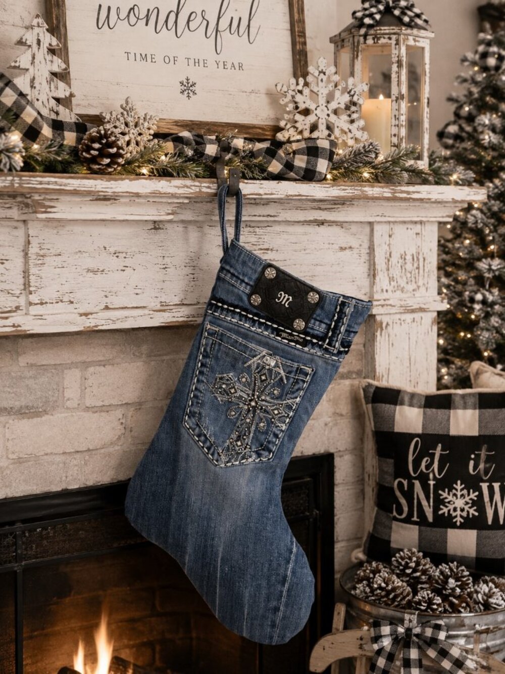 Hand Made Upcycled Medium Wash Lined 17" Hanging Distressed Denim Stocking Boot